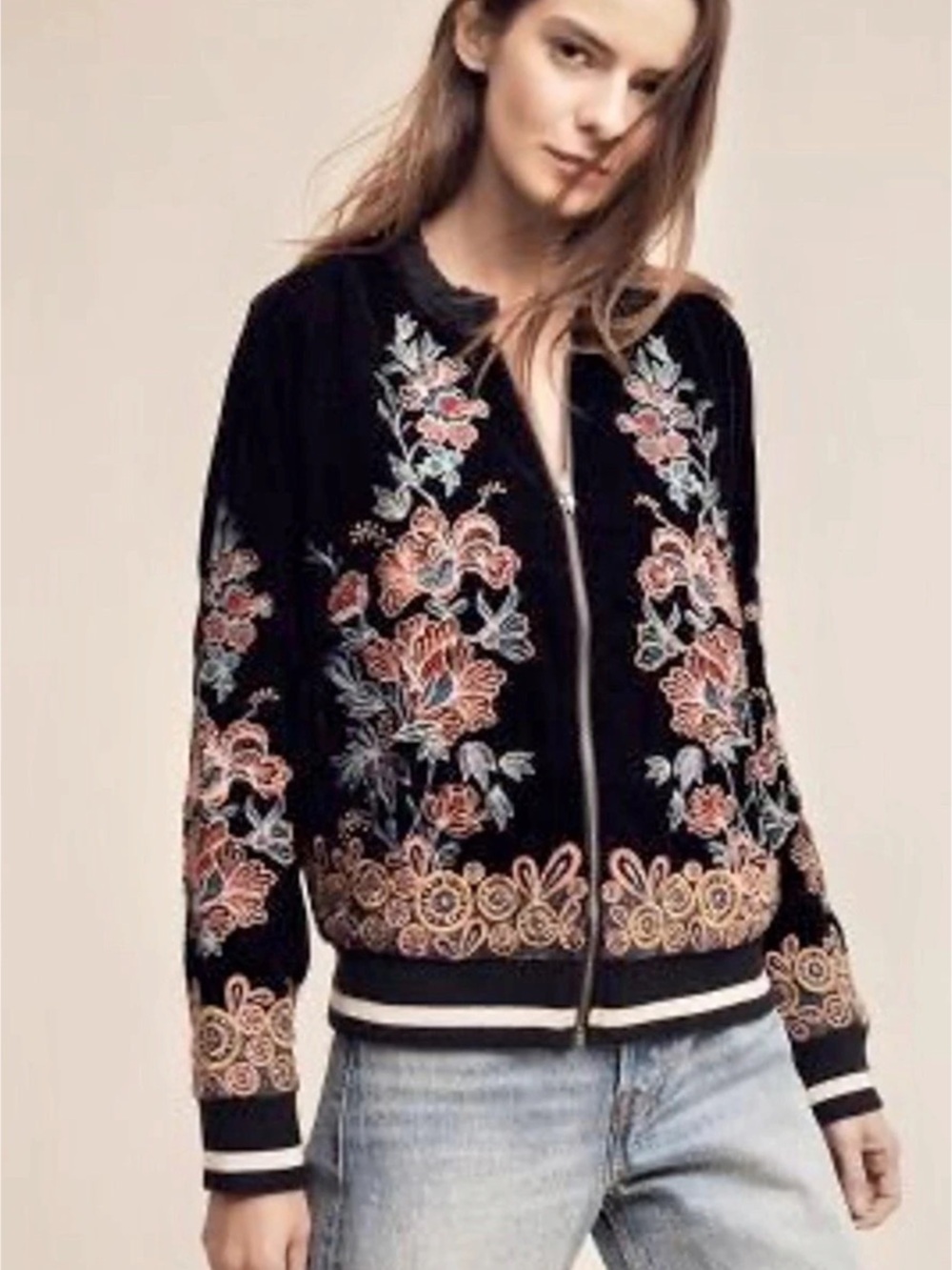 Elevenseas Floral Embroidered Velvet Bomber in Black Small